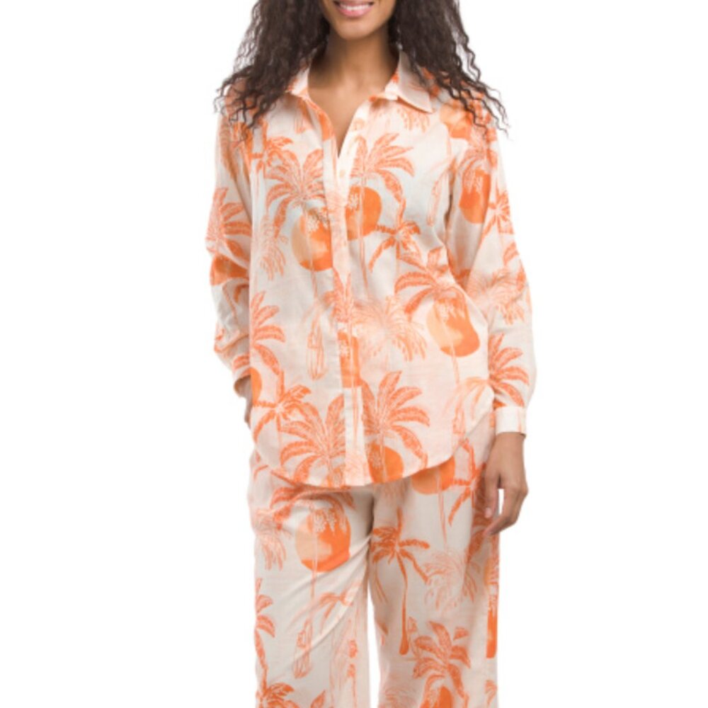 NWT HAUTE HIPPIE STYLE 2pc Palm Orange Print Cover Up Wide Leg Pant & top Set